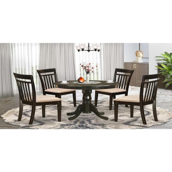 East West Furniture 5-Piece Round Cappuccino Finish Solid Wood Top Dining table with 4-Chairs with Lattice Back