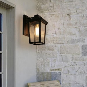 Transitional 1-Light 11 in. Black Wall Lantern Sconce with Seeded Glass Shade Modern Outdoor Wall Light LED Compatible