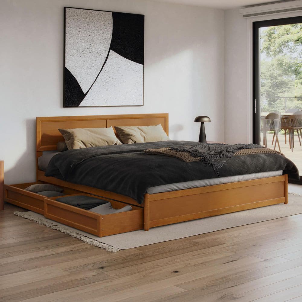 Lylah Walnut Brown Solid Wood Frame King Platform Bed with Panel Footboard and Storage Drawers