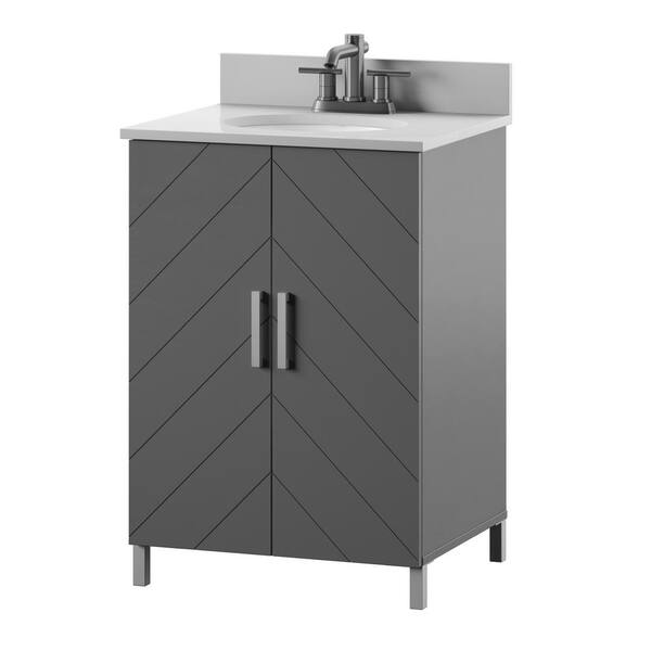 Twin Star Home 24 In Bath Vanity Antique Gray Contemporary Chevron Doors With Top White Stone Basin And Metal Legs 24bv536 Pg22 The Depot - Bathroom Vanity Black Metal Legs