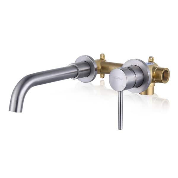 ARCORA Brushed Nickel Single Handle Wall Mounted Bathroom Faucet, Swivel Spout Basin Faucet with Rough-in Valve