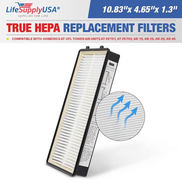 LifeSupplyUSA True HEPA Filter Replacement Compatible with HoMedics AT-OFL Tower Unit AT-PET01, AT-PET02, AR-25, AR-35, AR-45