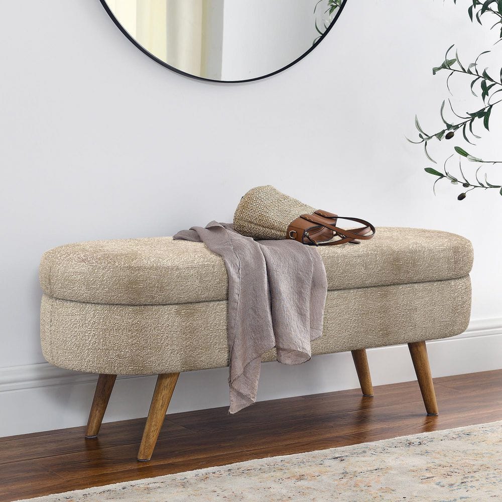 Brown 43.5 in. Oval Bedroom Bench Linen Fabric Upholstered Storage Bench wi