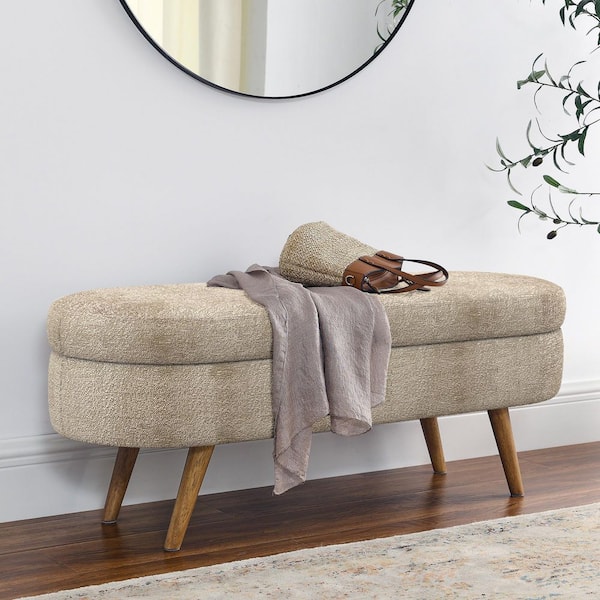 Unbranded Brown 43.5 in. Oval Bedroom Bench Linen Fabric Upholstered Storage Bench with Solid Wood Legs End of Bed Ottoman Bench