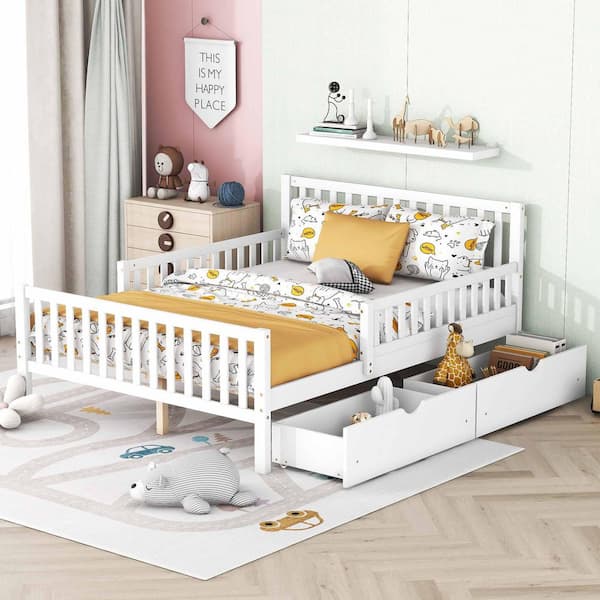 White Wood Frame Full Size Platform Bed with Guardrails on Both Sides and Two Storage Drawers