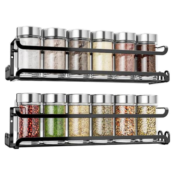 2 Pack Wall Mounted Spice Rack with 8 Hooks Black Adhesive or Screw Installation for Kitchen and RV Use