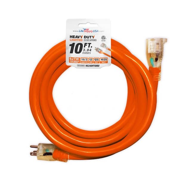 LifeSupplyUSA 10 ft. 16/3 SJTW 13 Amp 125-Volt 1625-Watt Orange Indoor/Outdoor Heavy-Duty with Lighted End Extension Cord