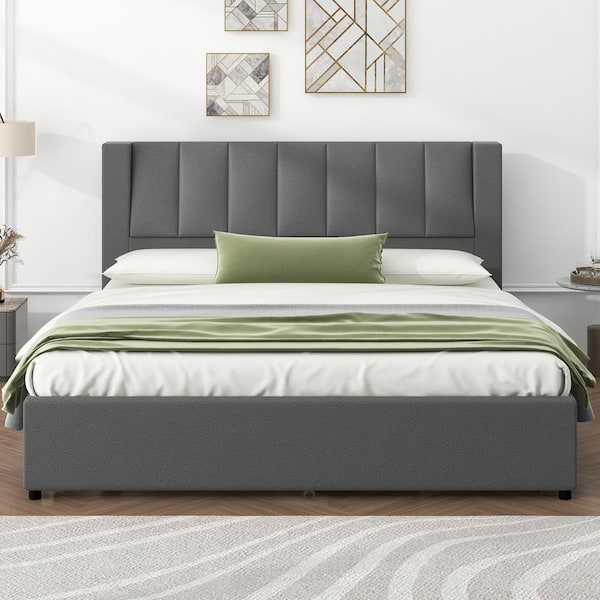 Qualler Gray Wood Frame King Size Platform Bed with Trundle and Storage Headboard