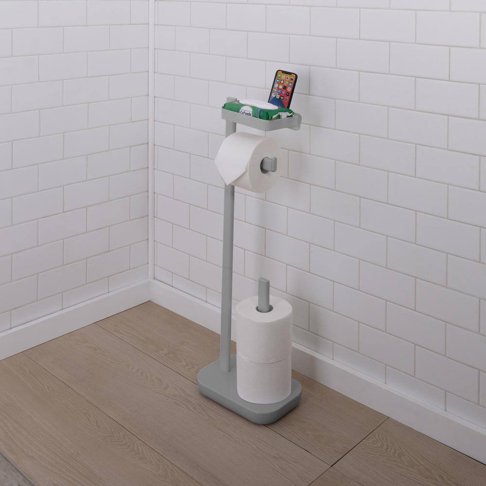 Gray Freestanding 3-in-1 Toilet Paper Holder with Adjustable Shelf