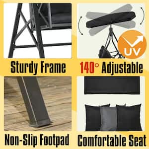 3-Seat Patio Swing Chair, Porch Swing Glider and Adjustable Canopy for Porch, Garden, Poolside, Backyard, Black