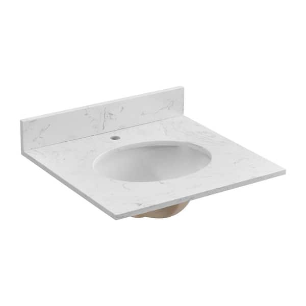 Classic 24 in. W x 22 in. D Engineered Stone Composite White Round Single Sink Bathroom Vanity Top in White Carrara
