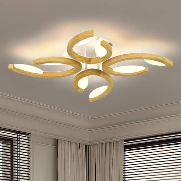 TOZING 29 in. Wooden Modern Novel Leaf Clover Integrated LED Dimmable Semi-Flush Mount Ceiling Light with Remote Control