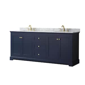 Avery 80 in. W x 22 in. D Bathroom Vanity in Dark Blue with Marble Vanity Top in White Carrara with White Basins