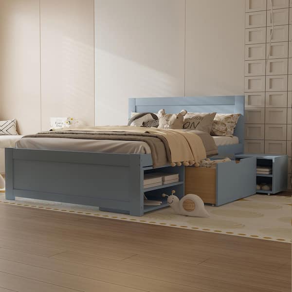 Gray Wood Frame Full Size Platform Bed with Drawer and 2 Storage Shelves