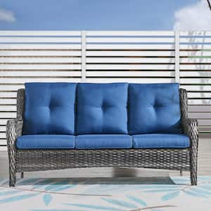 ArcoBay Metal and Gray Wicker Outdoor 3-Seat Sectional Couch Sofa with Olefin Navy Blue Cushions