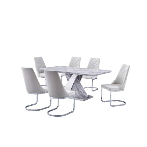 Best Quality Furniture Cristina 7-Piece Faux Marble Dining Set With 6-Cream Velvet Fabric Chairs
