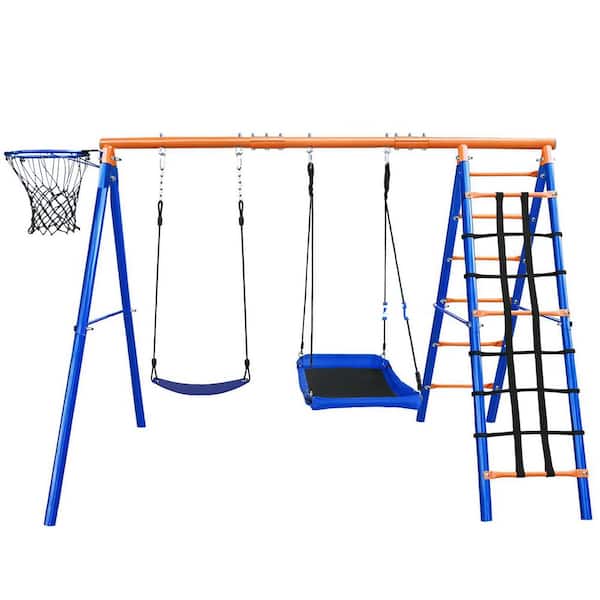 Heavy-Duty Multifunctional Swing with Basketball Hoop, Climbing Ropes and Ladders Bar