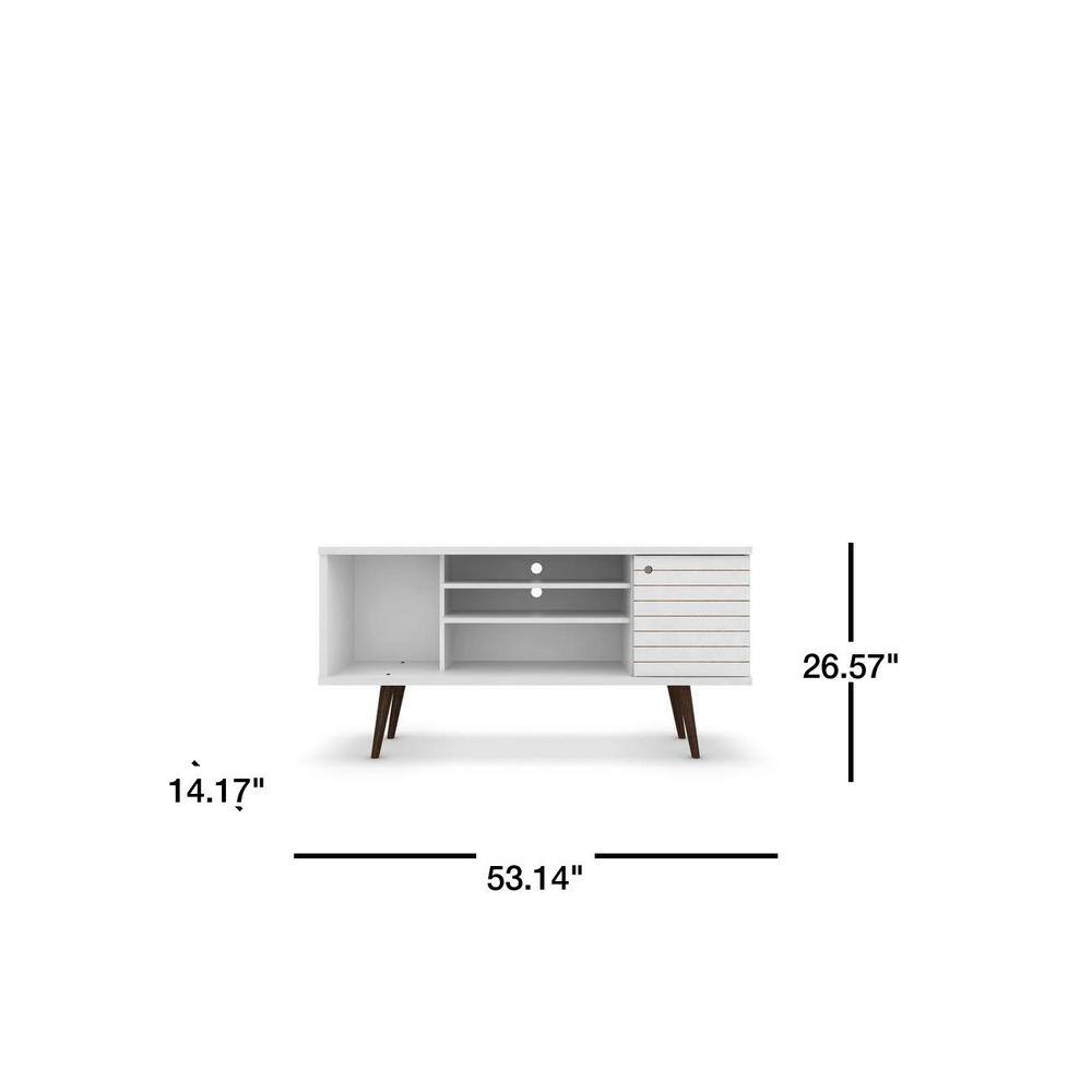 White Mid-Century Modern TV Stand with Cabinet and Shelves