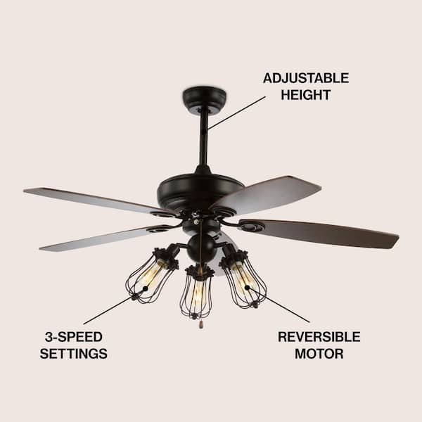 JONATHAN Y Lucas 52 in. Black Caged 3-Light Metal/Wood LED