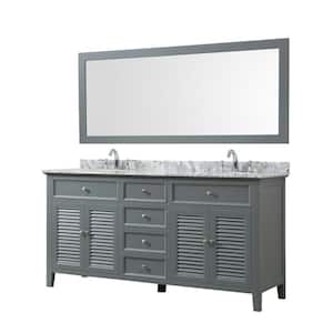 Shutter 70 in. Bath Vanity in Gray with White Carrara Marble Vanity Top with White Basins and 1 Large Mirror