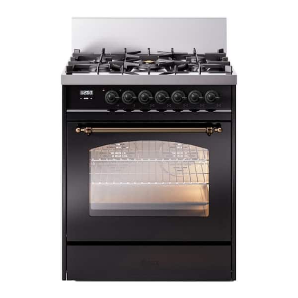 Nostalgie II 30 in. Dual Fuel Natural Gas Range with 5 Burners, Burnished Trim in Glossy Black