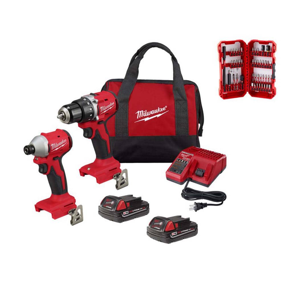 Milwaukee M18 18V Lithium-Ion Brushless Cordless Compact Drill/Impact Combo Kit (2-Tool) with SHOCKWAVE Screw Driver Bit Set -  3692-22CT-4023