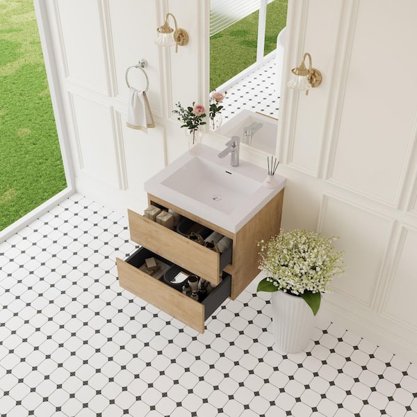 Angela 24 in. W x 18.7 in. D x 20.5 in. H Wall Mounted Floating Vanity in Natural Oak with Glossy White Top