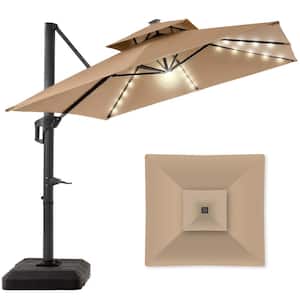 10 ft. Steel Cantilever Square Solar LED Patio Umbrella with Base Included in Tan