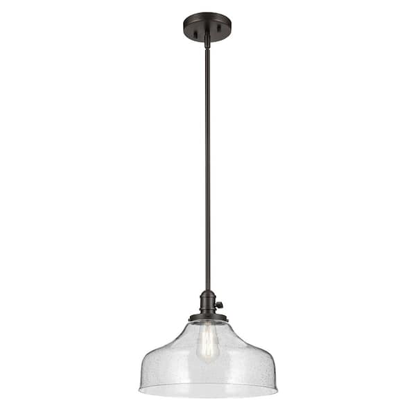 KICHLER Avery 14.5 in. 1-Light Olde Bronze Vintage Industrial Shaded Bell Kitchen Hanging Pendant Light with Seeded Glass