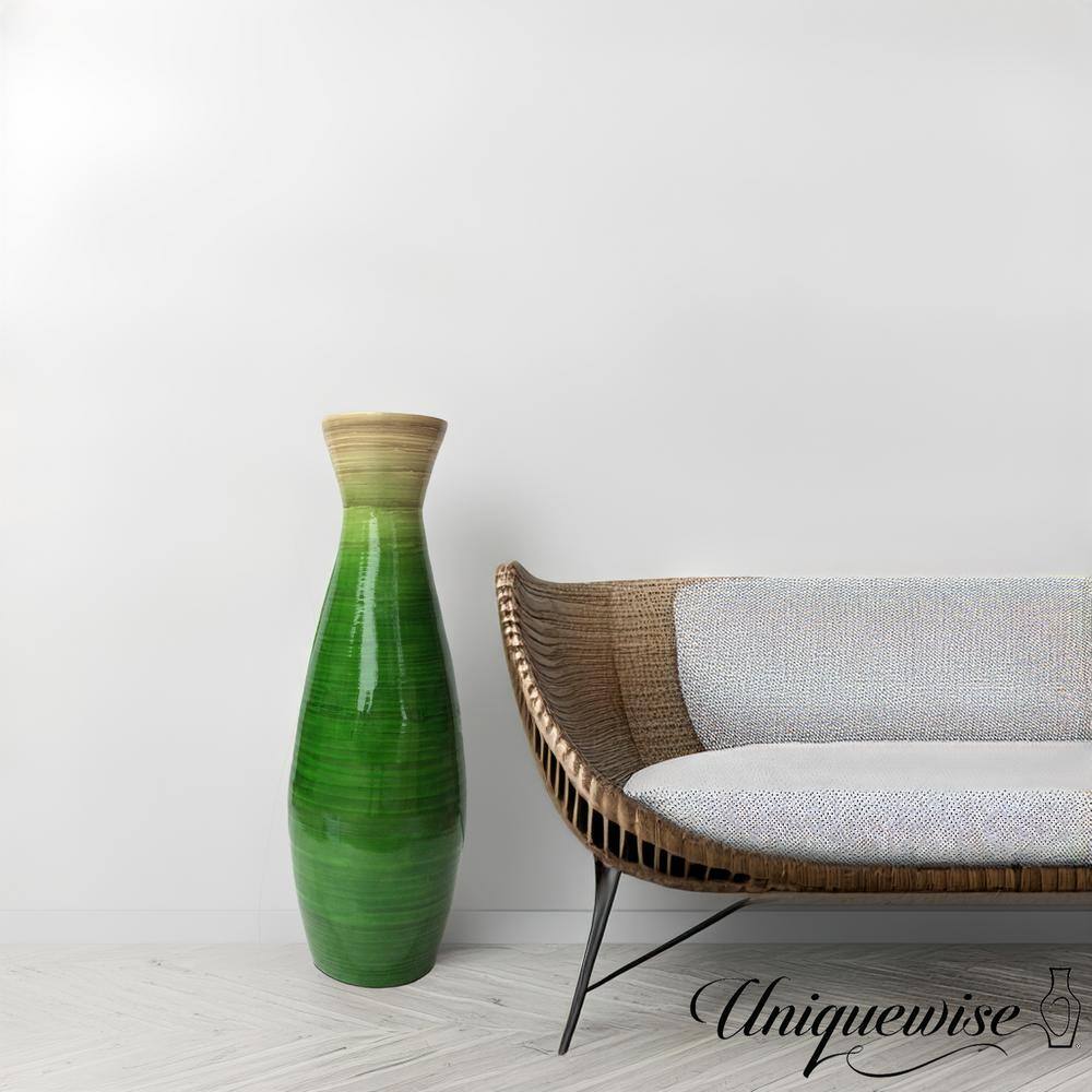 Glossy Green Bamboo Floor Vase with Natural Tone Accent