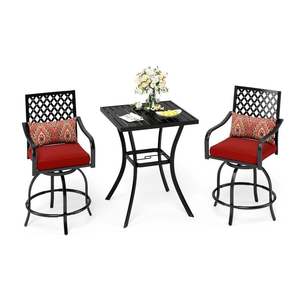 PHI VILLA 3Piece Metal Square Outdoor Bistro Patio Bar Set with Swivel