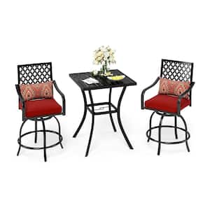 3-Piece Metal Square Outdoor Bistro Patio Bar Set with Swivel Bistro Chairs with Red Cushion
