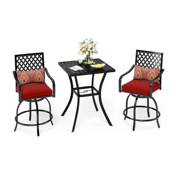 PHI VILLA 3Piece Metal Square Outdoor Bistro Patio Bar Set with Swivel