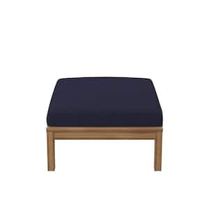 Acacia Wood Outdoor Ottoman/Coffee Table with Navy Blue Cushion