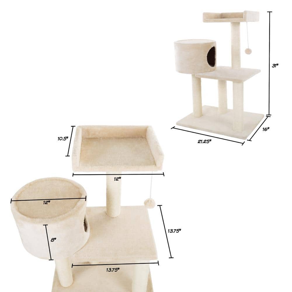Beige 31" Sisal 3-Tier Cat Tree with Condo and Perch