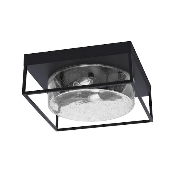 Unbranded Ashland 12 in. 2 Light Matte Black Flush Mount with Clear Bubble Glass Shade No Bulbs Included
