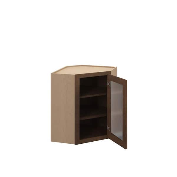 Kunal Kitchens Amherst Shaker 27 in. W x 36 in. H x 15 in. D in Walnut Plywood Assembled Glass Door w/ Fin Interior Corner Diagonal