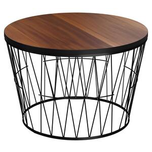 15.5 in. Round Coffee Table with Geometric Metal Base - Small Modern Accent Table for Living Room Brown