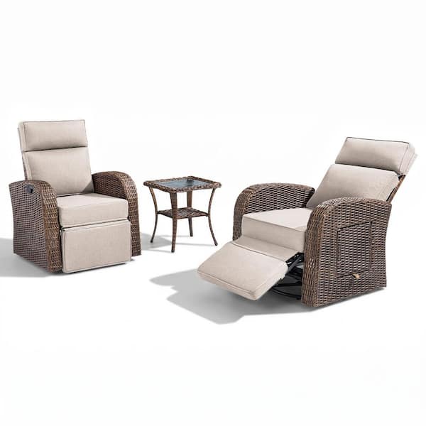 3-Piece PE Rattan Wicker Swivel Outdoor Recliner Lounge Chair Adjustable Backrest with Beige Cushions, Side Table