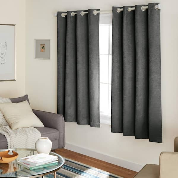 EXCLUSIVE HOME Lustre Charcoal Solid Woven Room Darkening Grommet Top Curtain, 52 in. W x 63 in. L (Set of 2)