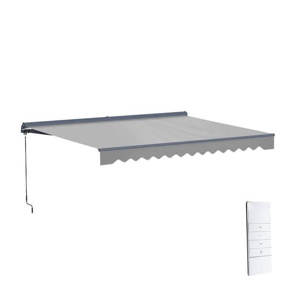13 ft. Moroccan Polyester Motorized Patio Awning Semi Cassette LED Luxury 120 in. Projection in Silver Gray, Gray Frame