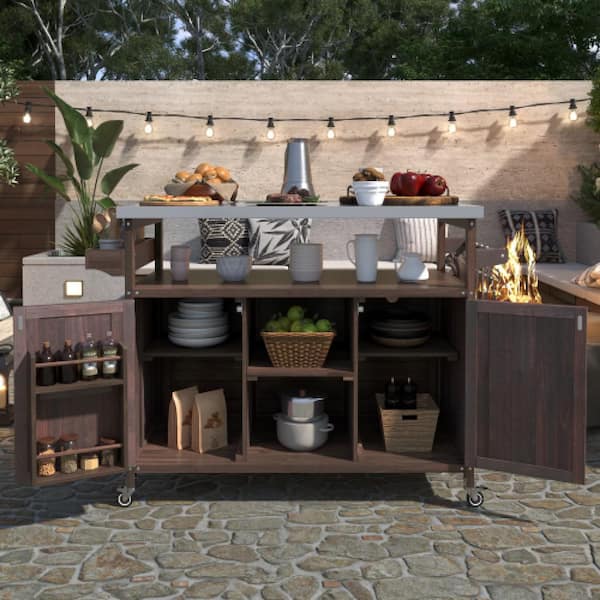 Unbranded Dark Brown Stainless Steel Top 50.25 in. W Rolling Kitchen Island Outdoor Grill Table Spice Rack, Towel Rack for BBQ
