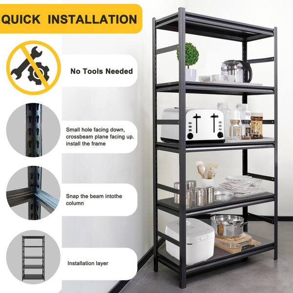 Cesicia Open Design 47 in. W x 24 in. D x 72 in. H 5-Shelf Black Metal Pantry Organizer, Gray