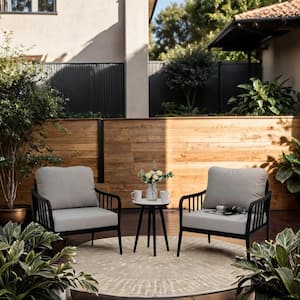 3-Piece Ember Black Aluminum Patio Conversation Set with Gray Cushions and Stone Coffee Table