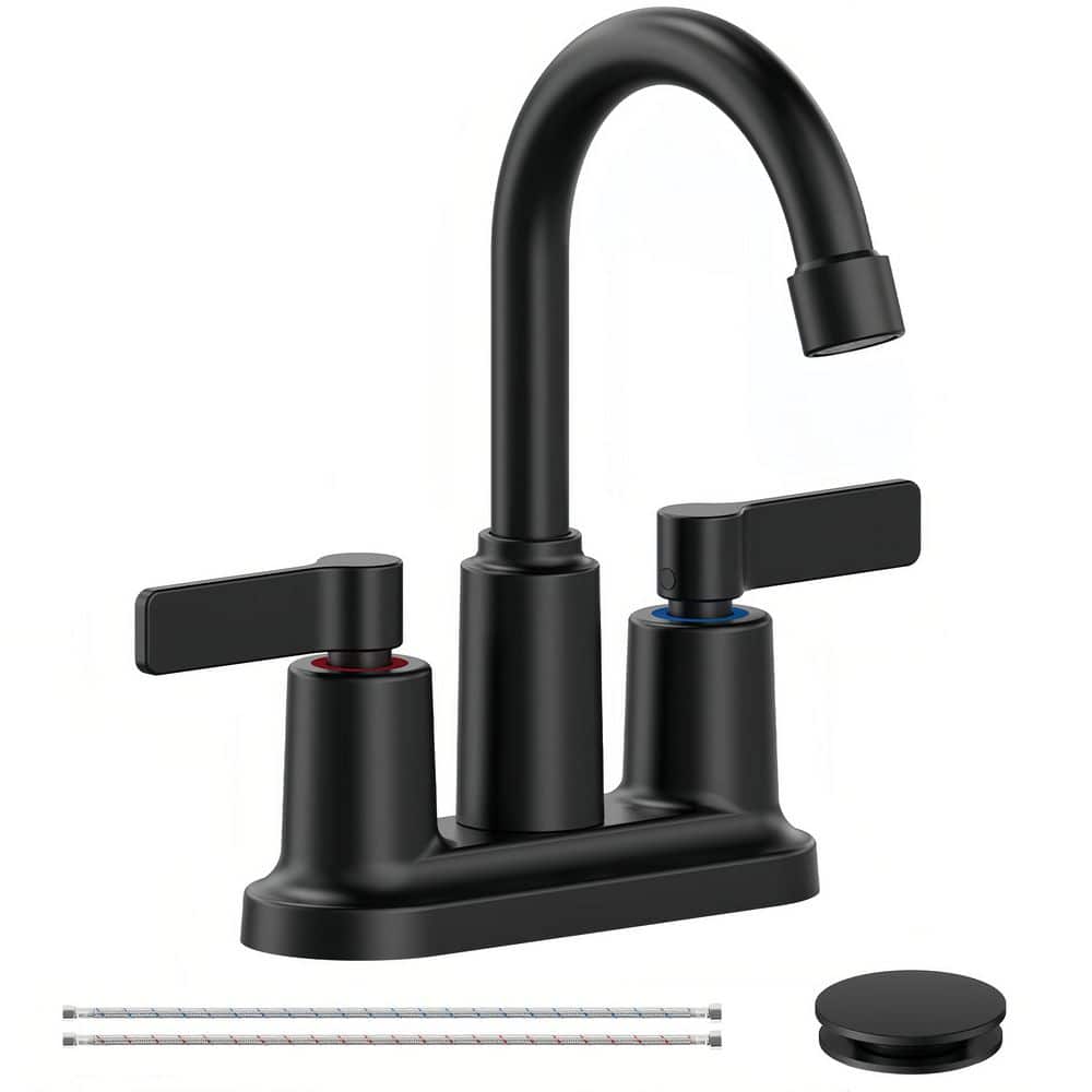 4 in. Centerset 2-Handle High-Arc Bathroom Sink Faucet with 360° Swivel Spout and Pop-Up Drain in Matte Black price history on PriceWatchPro