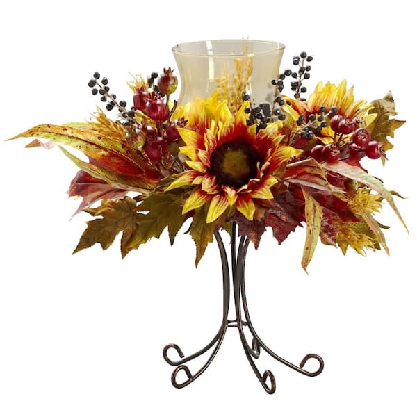 Nearly Natural 16 in. Artificial H Yellow Sunflower Candelabrum