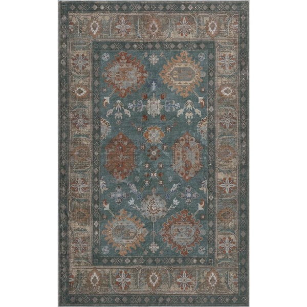 Kisara Oushak Style Distressed Border Non-Slip Machine-Washable Green/Brown 8 ft. x 10 ft. Area Rug