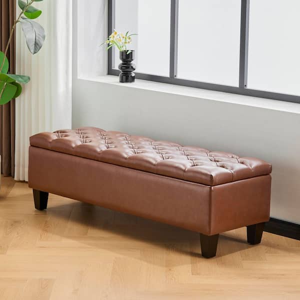 Ottilie Brown PU Faux Leather Upholstered Storage Ottoman Bedroom Bench with Solid Wood Legs
