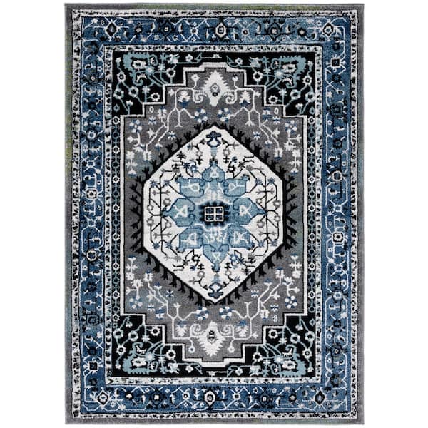 Vintage Hamadan 7 ft. x 9 ft. Blue/Gray Floral Medallion Ornate Area Rug