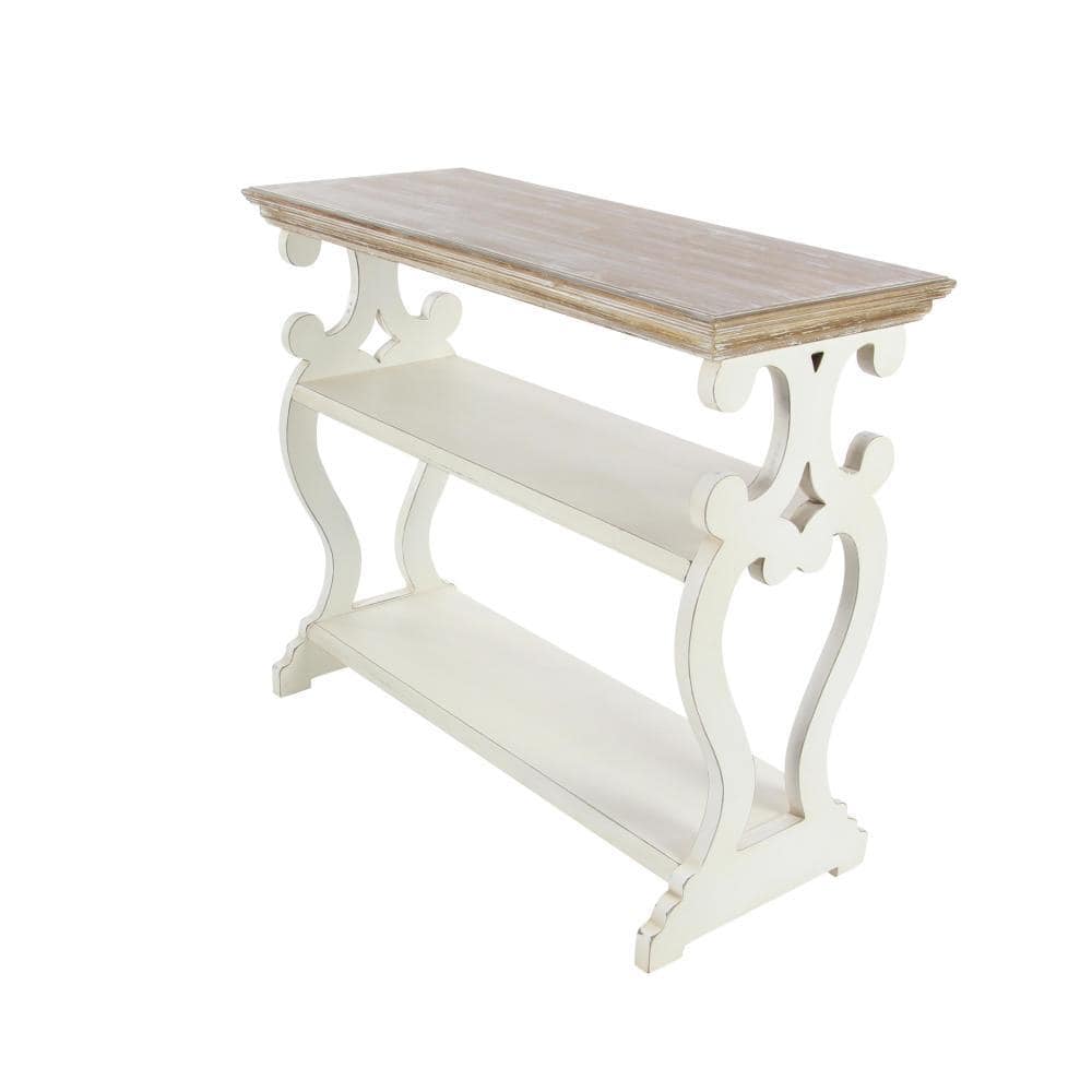 Cottage Charm White and Natural Wood 2-Tier Console Table with Storage